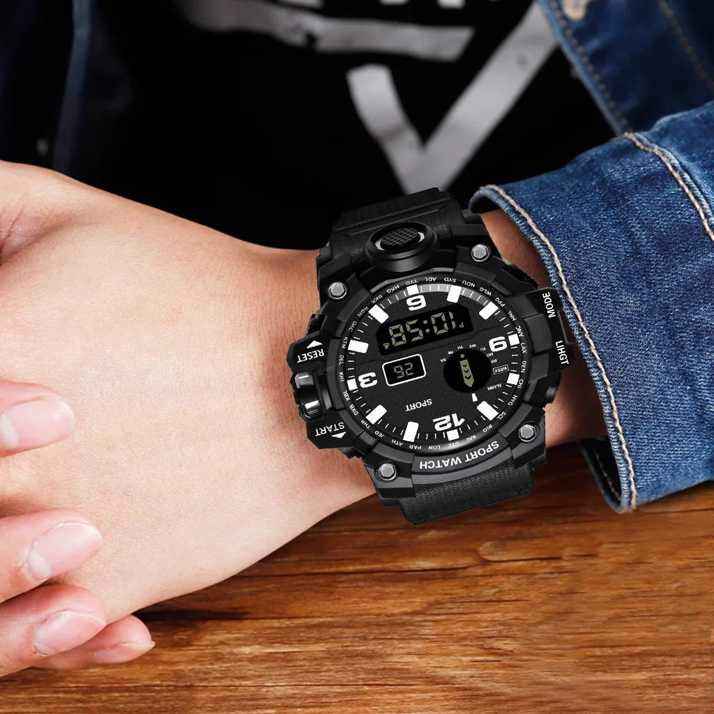 Mode Herrenuhr Sportliche elektronische Armbanduhr Großes Zifferblatt Multifunktional Wasserdicht Leuchtend Alarm Kinder Militäruhr für Herren