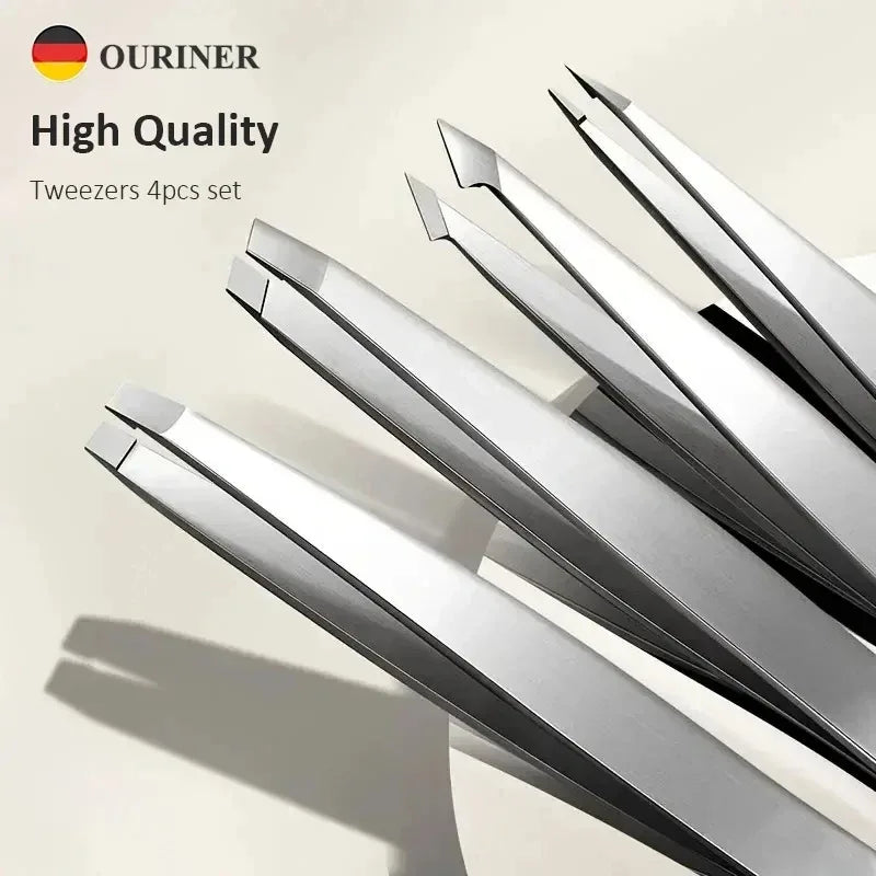 Ouriner Eyebrow Tweezers Set 4 Pcs Stainless Steel Eyebrow Forceps Professional Beauty Tool Set For Facial Hair Manicure Tool