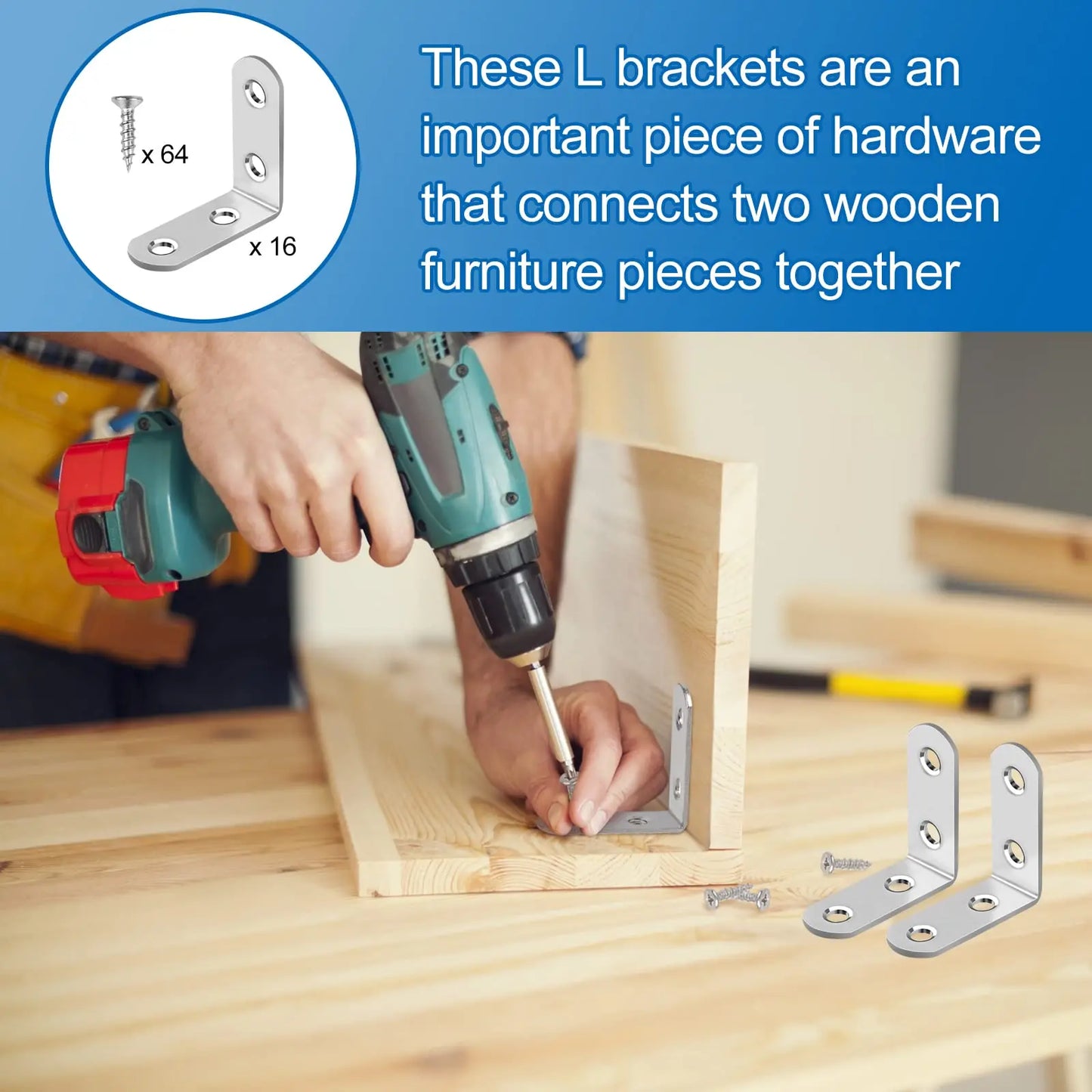 20PCS L Brackets Stainless Steel Corner Braces with Screws, 90° Right Angle Shelf Supports for Wood Furniture Accessories, Table