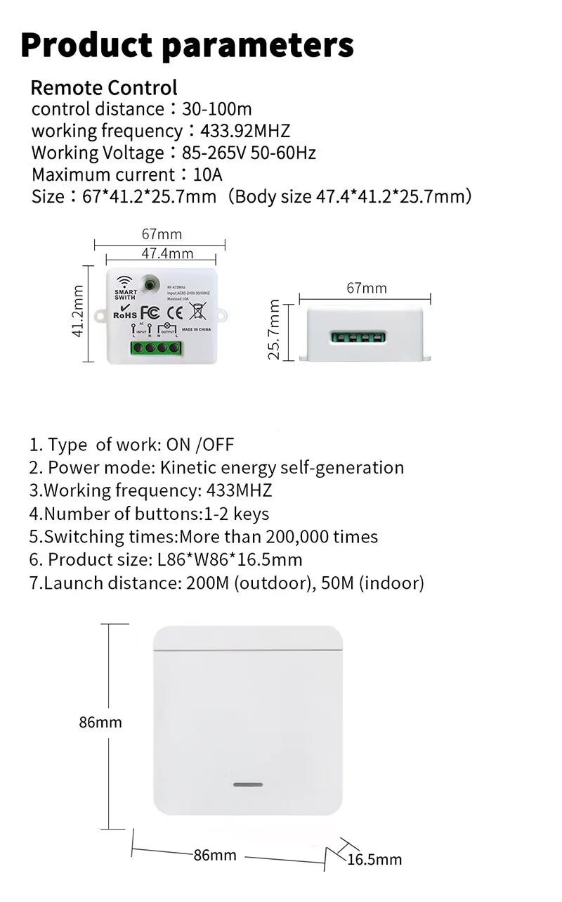 433MHz 1/2/3Gang 86 Wall Panel Switch with Remote Control Wireless Smart Switch Light Interruptor 10A 110V 220V For LED Lamp