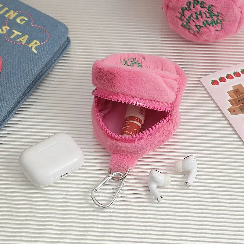 Rosa Mini-Münz-Täschchen Kopfhörerkabel-Aufbewahrungstasche Kawaii Flecken Süße Plüsch-Harries Tragbare Geldbörse Münzbeutel Kuchen-Tasche