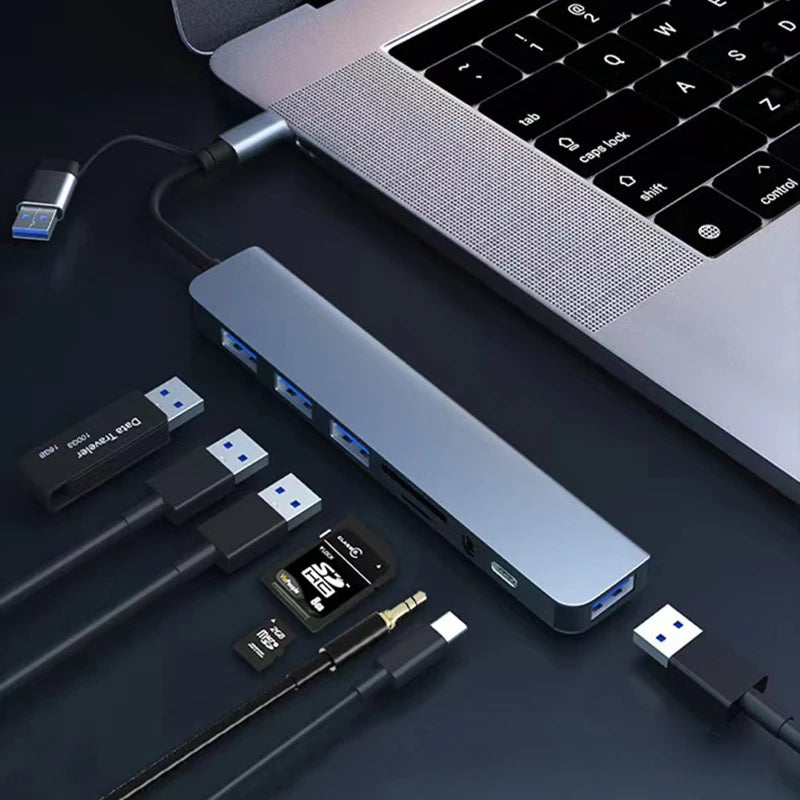 8-in-2 USB-C-Hub-Dockingstation mit 3,5-mm-Audiobuchse, Micro-SD-Kartenleser, Laptop-, Tablet-, Telefon- und Festplattenkonverter