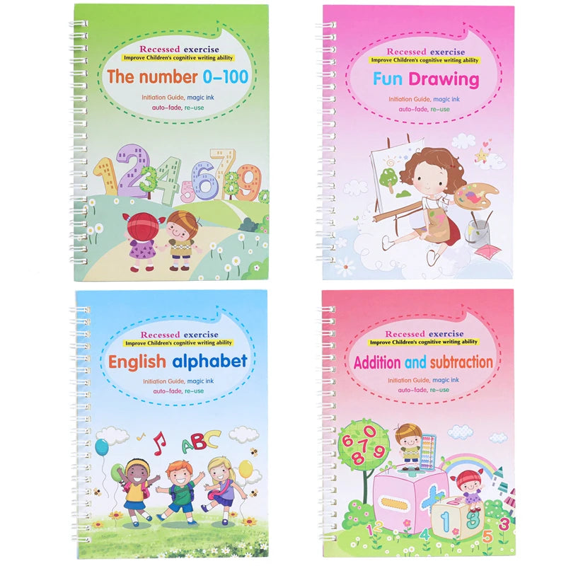 4 Bücher Englisch Übungsheft Zauberstift Nachfüllpackung Automatisch Verschwindende Tinte Kinder Schreibaufkleber Übung für Kinder Erleuchtungsgeschenk