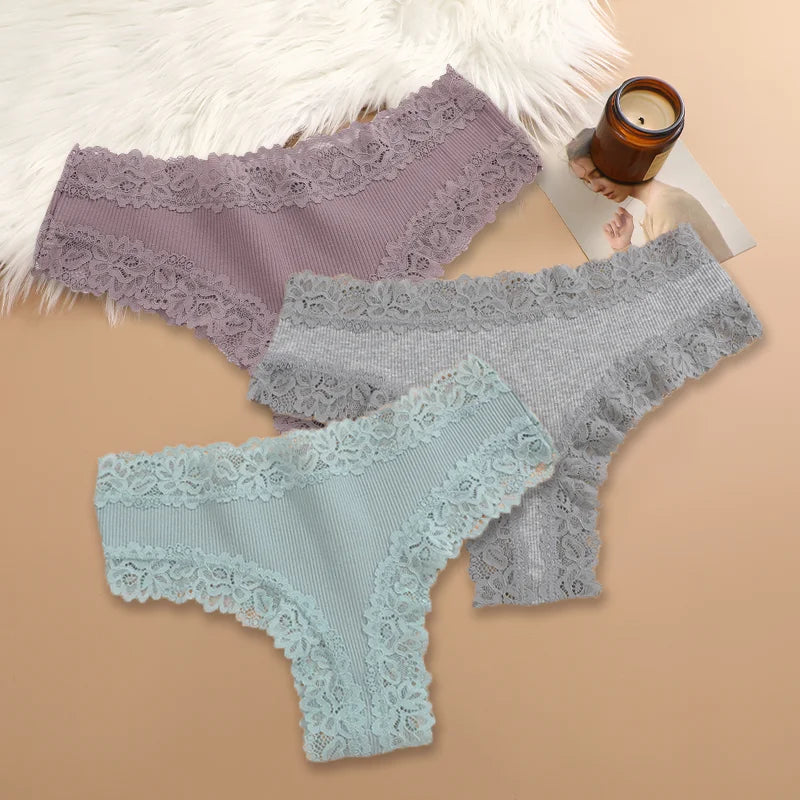 3Pcs/set Women Cotton Panties Floral Lace Intimate Underwear Trendy Patchwork Lace Briefs Female Soft Underpants Lingerie S-XL
