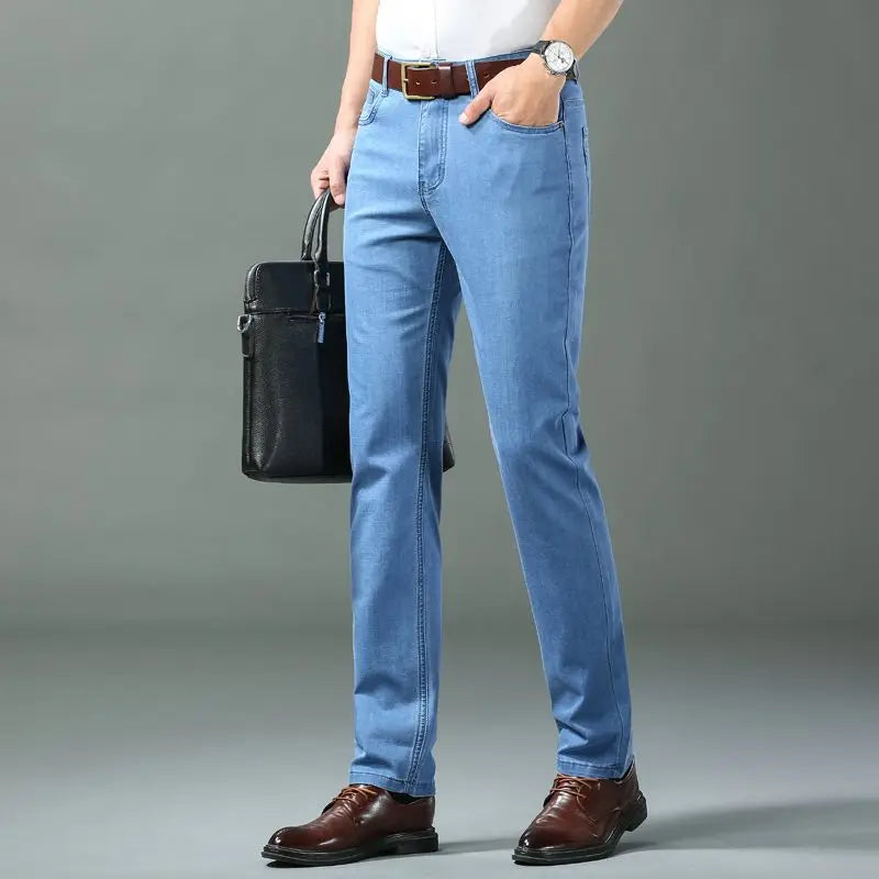 Summer Thin Classic Style Men Brand Jeans Business Casual Stretch Straight Denim Pants Light Blue Black Trousers Male - Shoppiline