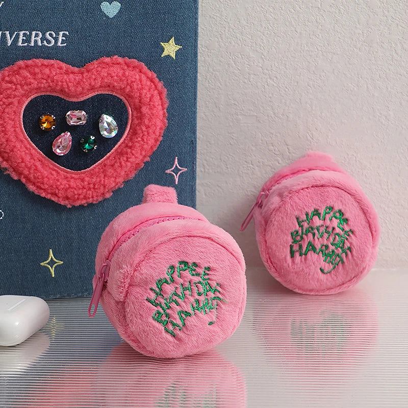 Rosa Mini-Münz-Täschchen Kopfhörerkabel-Aufbewahrungstasche Kawaii Flecken Süße Plüsch-Harries Tragbare Geldbörse Münzbeutel Kuchen-Tasche