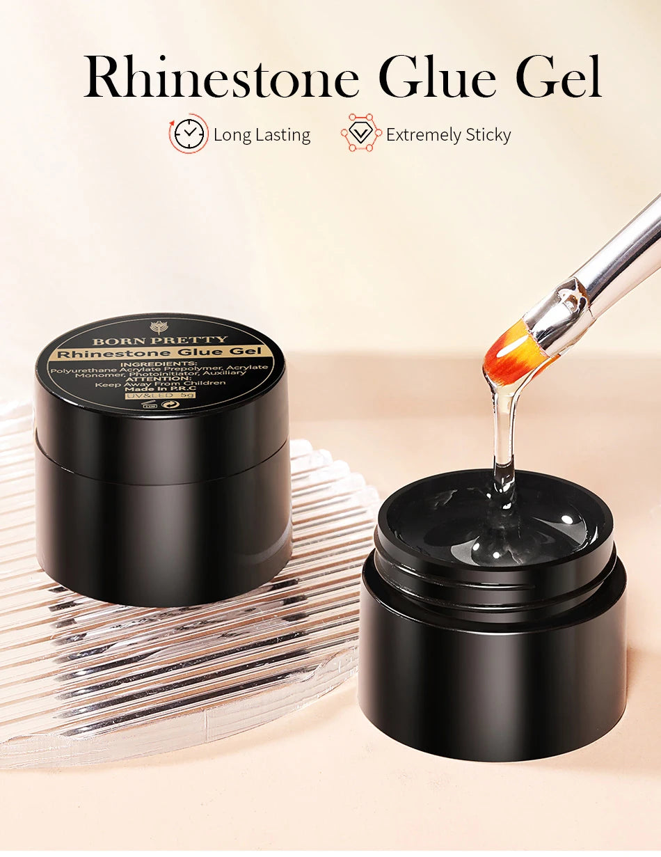 BORN PRETTY Rhinestones Glue Gel Mirror Nail Powder With Nail Liner Brush UV LED Transparent Adhensive Glue Gel