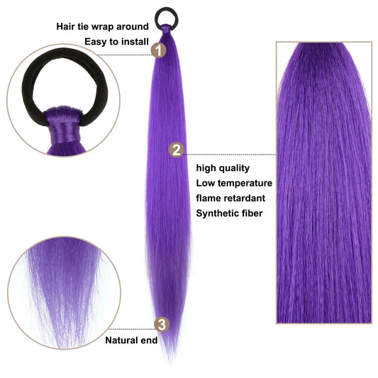 2PC Synthetic Purple Ponytail Extension with Rubber Band Long Straight DIY Braided Pony Tail Hairpiece Women Hair Accessories