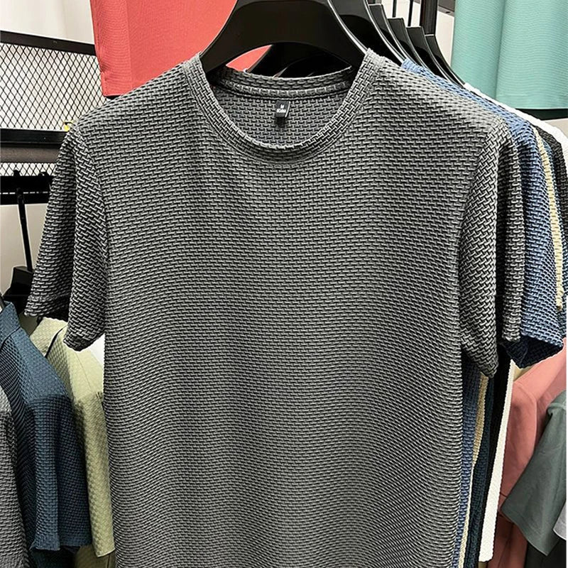 Men's Short Sleeve Mesh Bamboo Ice Silk T-shirt Casual Versatile Summer Elastic Slimming Top for Men