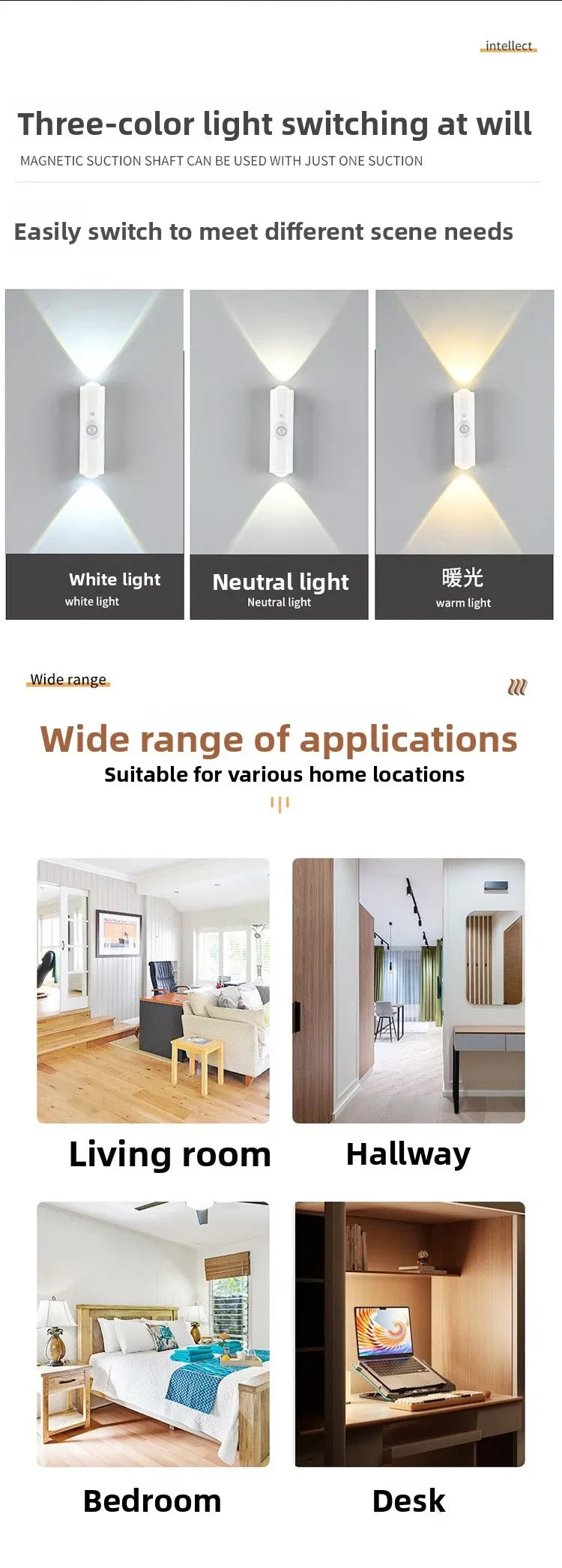 Double-head LED Night Light with Motion Sensor RGB Rechargeable Magnetic Wall Lamp Mood Ambient Light for Cabinet Hallway Stair