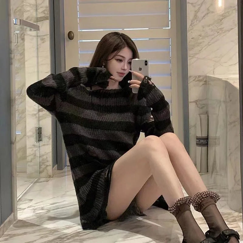 Nouveau Pull Long Unisexe Punk Gothique Été Femme Rayé Cool Creux Trou Cassé Pull Ample Rock Fin Sombre Streetwear Top