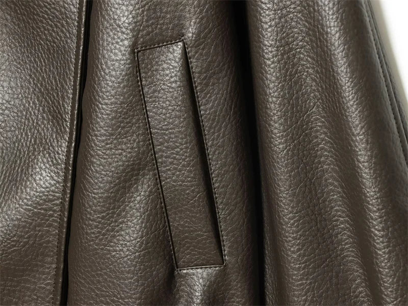 Women's Jacket 2026 Autunm  New Black Long Sleeve Pebble Faux Leather Jacket Motorcycle Style Personality Fashion