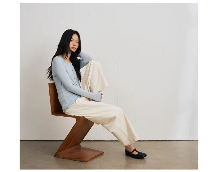 Silk Wool Basic Shirt For Women Autumn Winter Round Button Neck Slim Knitwear, Solid Color Striped Long Sleeve Top