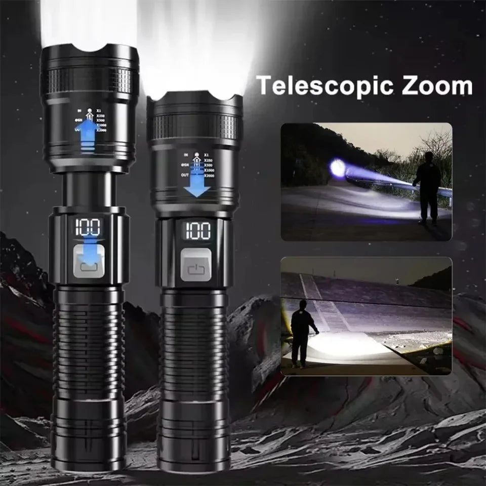 Powerful P70 LED Flashlight Ultra Bright 5000LM Tactical Light with Telescopic Zoom Emergency Spotlight Built-in Battery