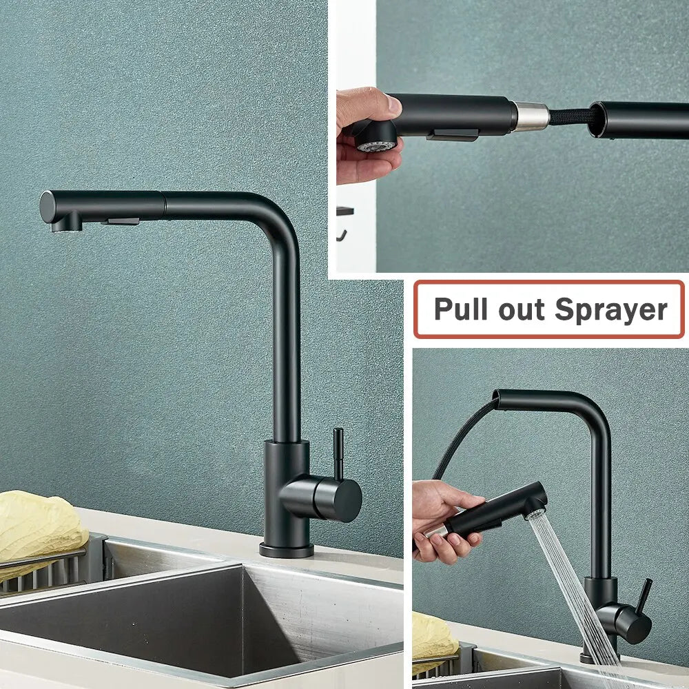 Black Pull Out Kitchen Sink Faucet Flexible 2 Modes Stream & Sprayer Nozzle Faucets Stainless Steel Hot Cold Wate Mixer Tap Deck - Shoppiline