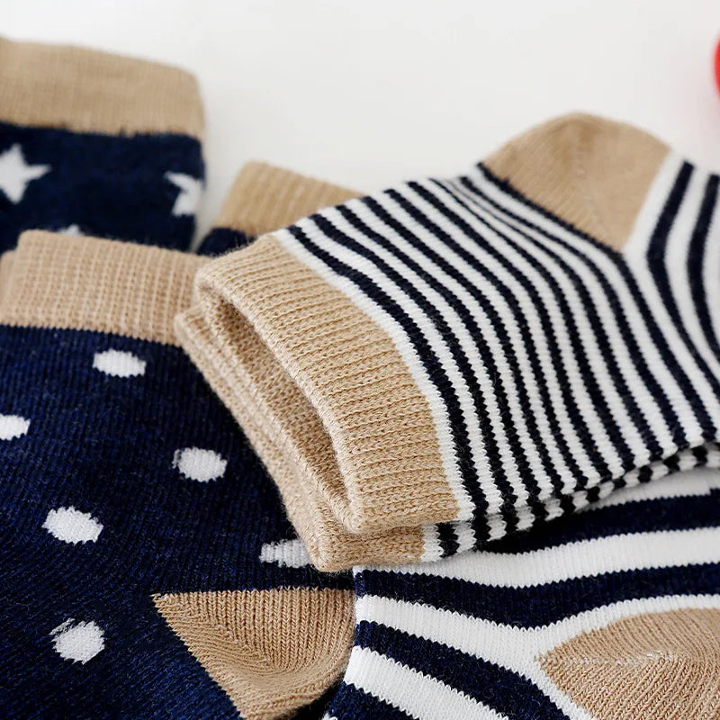 5 Paar Cartoon-Babysocken Frühling Herbst Streifen Punkte Mädchen Jungen Söckchen Weiche Kleinkind Kinder Kurze Socken