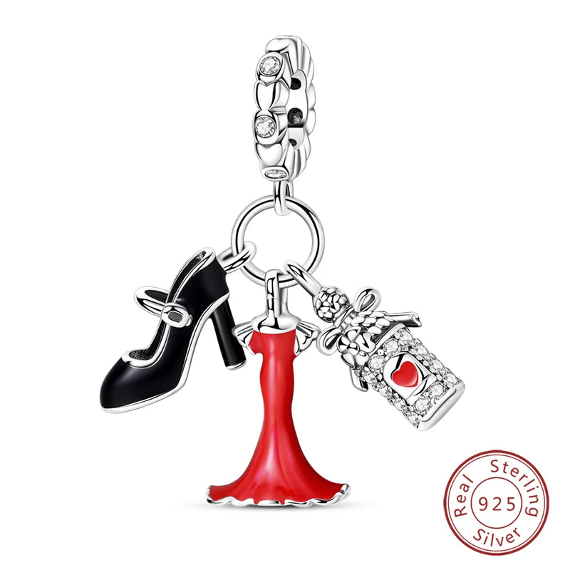 Original 925 Sterling Silver Red Charm Beads Red Wine Chili Dumbbell Pendant For Women Fit DIY Bracelet Birthday Jewelry Gift