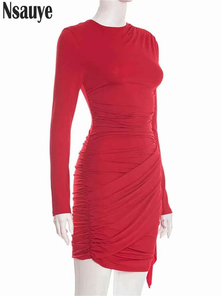Nsauye New Fashion Women Short Wrap High Waisted Mini Winter Dress 2025 Outfits Sexy Night Club Party Evening Long Sleeve Dress
