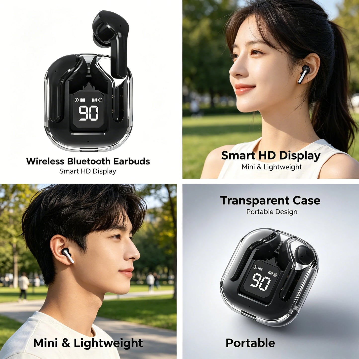 Transparent TWS Bluetooth Earphones Soft Silicone In-ear Design Wireless Sports Gaming Earbuds HiFi Stereo Audio LED Display