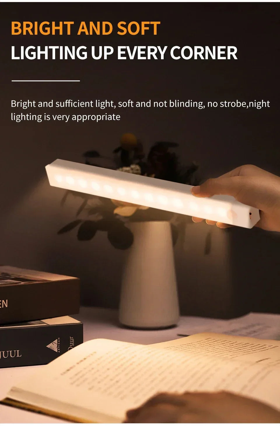 LED Motion Sensor Light Wireless Night Light Rechargeable Long Strip Bar Lamp for Kitchen Cabinet Wardrobe Bedside Staircase