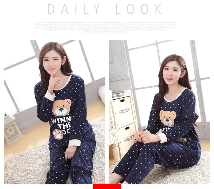 2PCS/Set Women Fashion Long-Sleeved Pajamas Autumn Winter Cartoon Love Bear Cute Soft Loose Casual Omfortable Outside Homewear