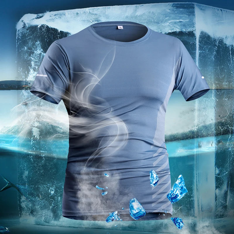Laufendes T-Shirt Herren Sommer Eisseide Dünnes Oberteil Reflektierender Druck Schnell Trocknend Kurzarm Atmungsaktives Fitness Sport T-Shirt 5XL