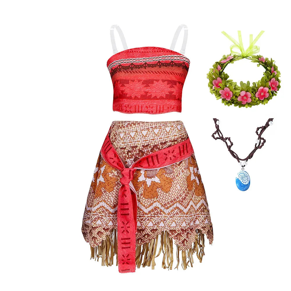 Ozean-Abenteuer-Cartoon-Rollenspielkostüm Moana Zweiteiliges Kleid für Mädchen im polynesischen Stil Vaiana Prinzessinnenkostüm Halloween