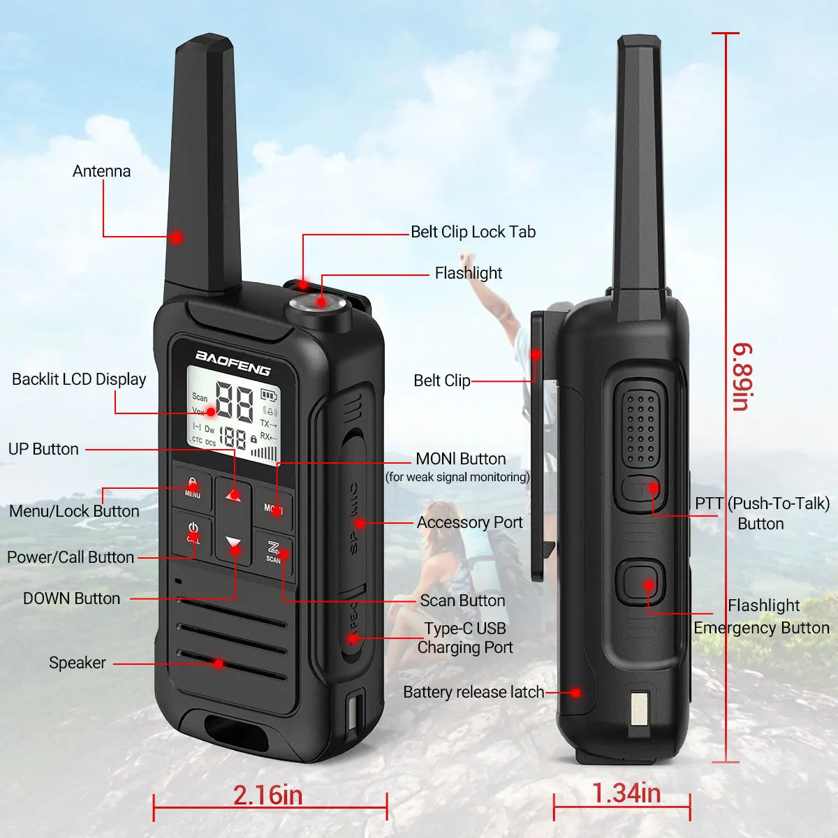 2pcs Baofeng F22 Mini Walkie Talkie PMR Long Range Rechargable Portable Kids Two Way Radio Type-C Charger for Camping Trip - Shoppiline