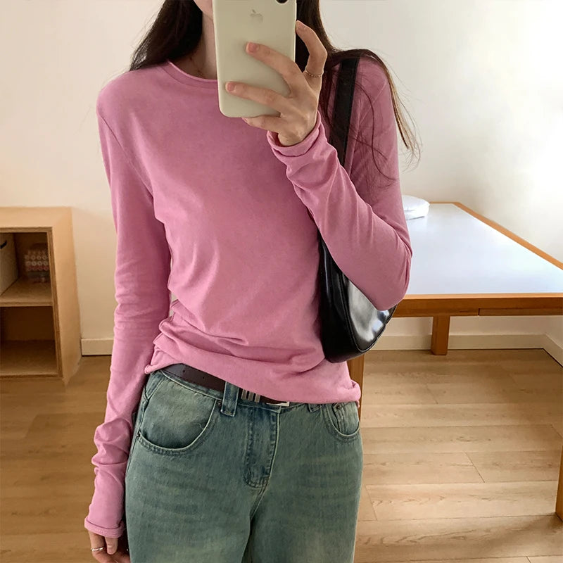 Spring Autumn T shirt Women Tops Solid Long Sleeve Ruched O Neck Tshirts Female Korean Casual Streetwear High Quality Base Tees