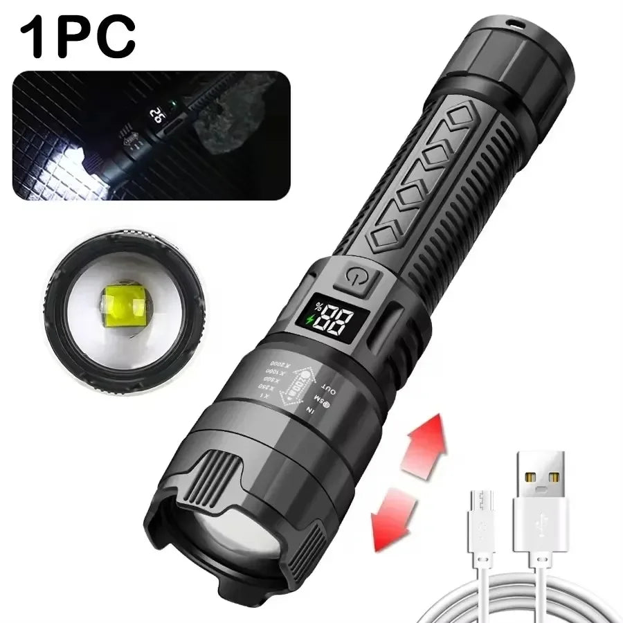 6000000LM LED Flashlight Rechargeable High Power Military Tactical Flashlight Telescopic Zoom Torch Lamp Outdoor Camping Lantern