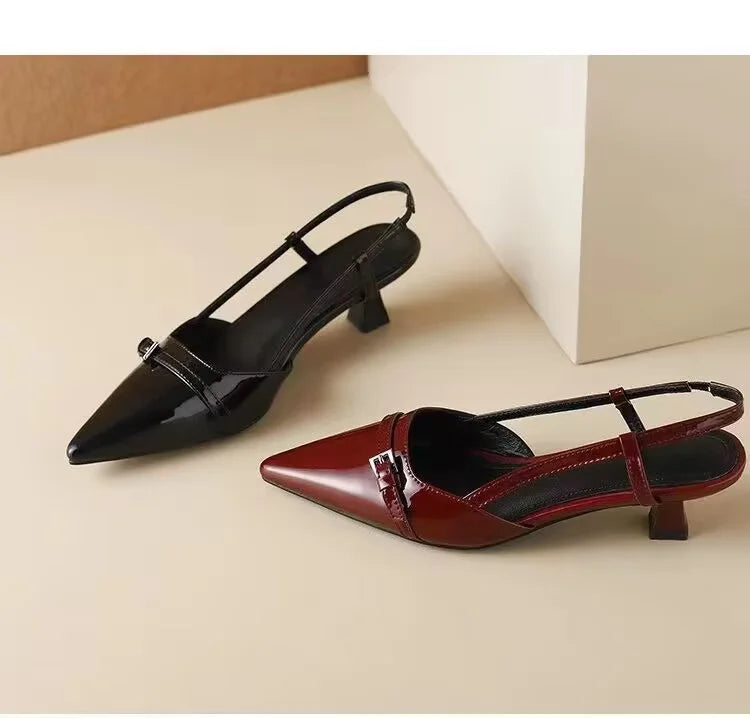 2025 French Pointed Sandals Burgundy Patent Crisscross Straps Metal Decor Slim Heel Open-Back Fairy Sandals