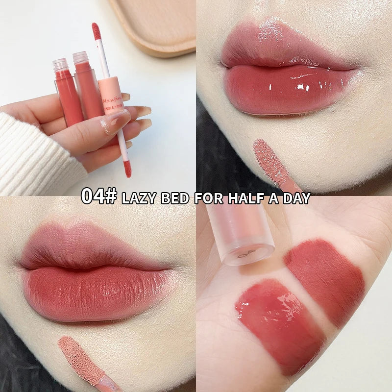 Doppelseitiger Lip Glaze Vollglanz Spiegel und mattes Samt Langzeit-Farbe und Feuchtigkeit Lip Gloss Anti-Flecken Kosmetik Lip Glaze