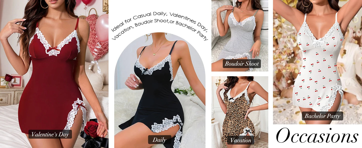 Women's Lace Trim Mini Nightgown Purple Spaghetti Strap Bodycon Sleep Dress with Bow Side Slit Summer Sleepwear