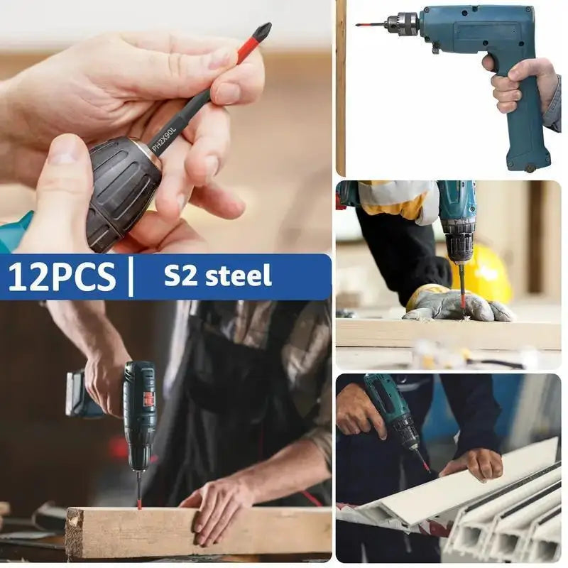 Magnetic Non-Slip Drill Bit Set 3/6/12 Pieces, S2 Steel, Crosshead and Impact Drill Bits, Suitable for Electric and Hand Drivers