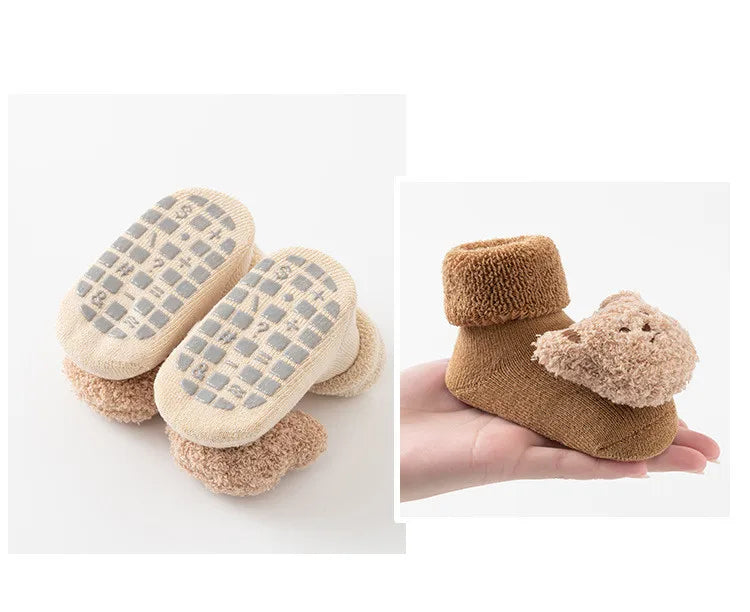 New Cute Cartoon Bear Baby Socks For Boys Girls Winter Soft Cotton Anti Slip Solid Newborn Toddler Sock Kids Thicken Socken