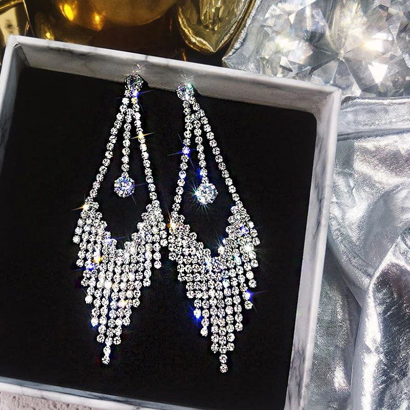 Shiny Crystal Zircon Long Stud Earrings for Women Geometric Hanging Drop Tassel Earring Fashion Party Vintage Pendant Jewelry