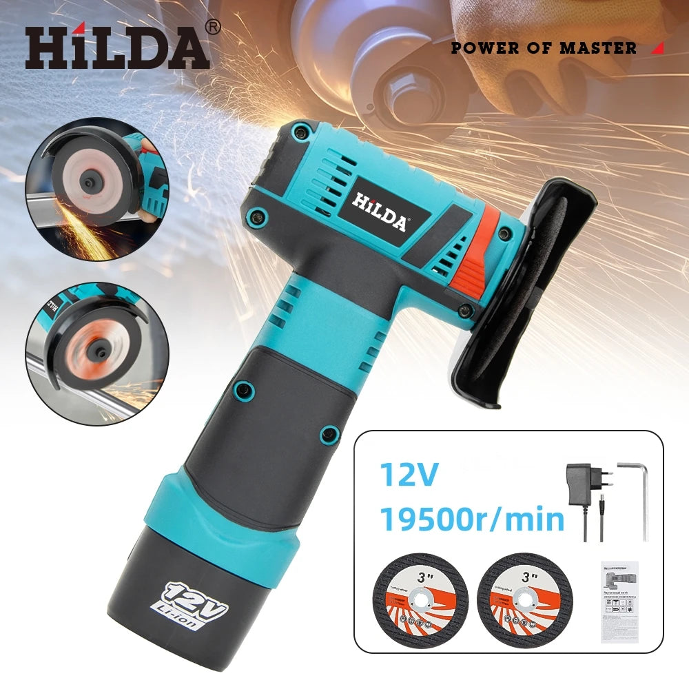 HILDA 3 inch Mini Angle Grinder 12v Cordless Power Tool For Cutting Diamond Polishing And Grinding Rechargeable Angle Grinder - Shoppiline