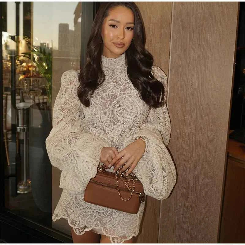 Trendy Lady Hollow Out Lace Mini Dress Elegant 2025 New Long Sleeve Designs Chic High Neck Short Vestidos Autumn Club Night Gown