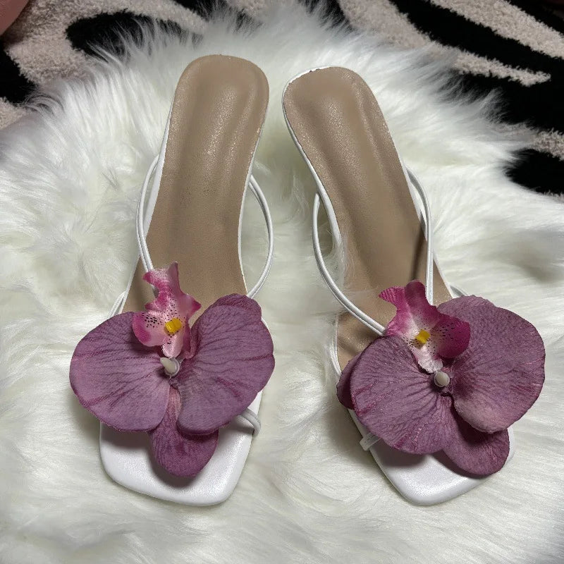 Orchid Flower Summer New High Heeled Women White Pink Blue Purple Floral Heels Square Toe Prom Slipper Slingback Shoes for Women