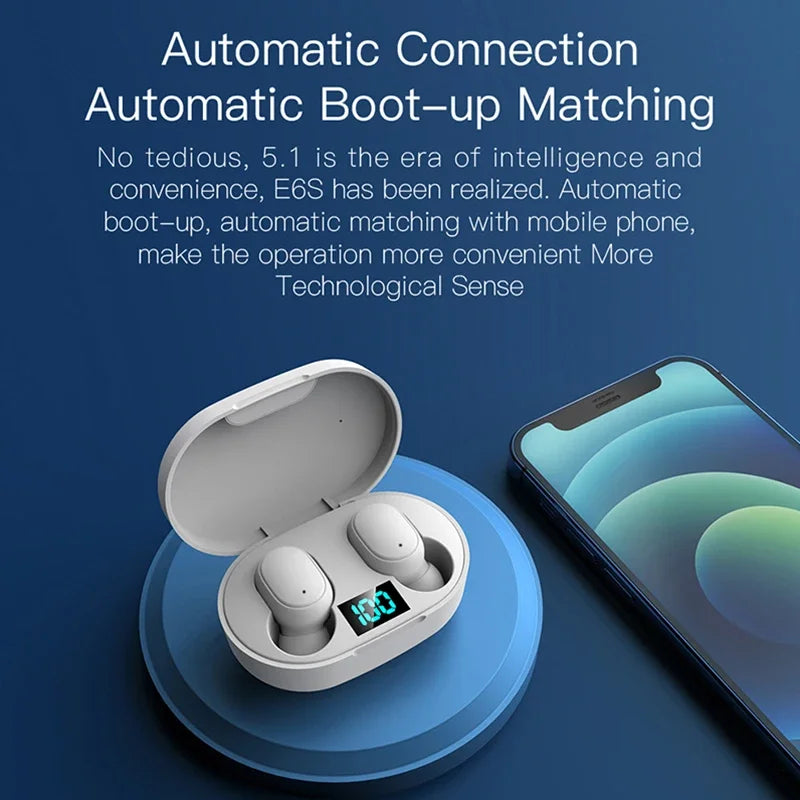 Digital Display Bluetooth Earphones with Mic TWS E6S Wireless Bluetooth Headset Noise Cancelling Headset for Xiaomi Huawei Oppo