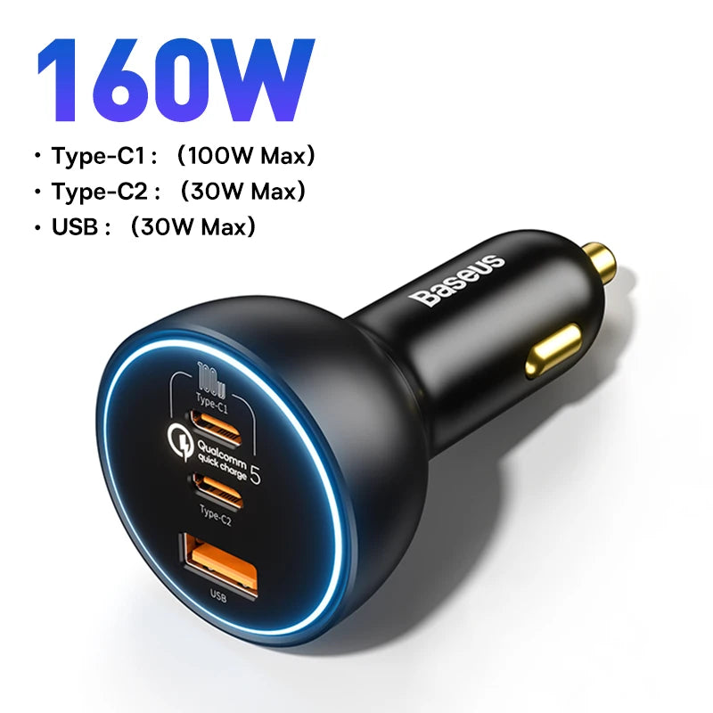 Baseus 160W Car Charger QC 5.0 Fast Quick Charging PPS PD3.0 USB Type C Car Phone Charge For iPhone 13 14 15 Pro Laptops Tablets - Shoppiline