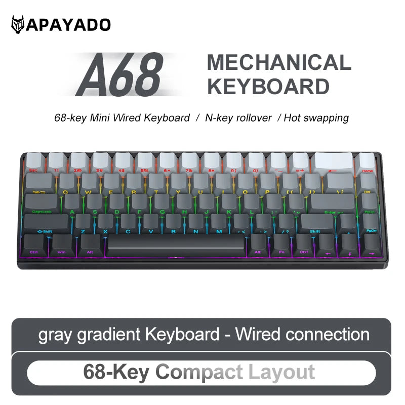 APAYADO A68 Wired Mechanical Keyboard RGB Backlight,Fully Hot-Swappable Keys,ABS Keycaps,68-Key Keyboard for Gaming/Office Use