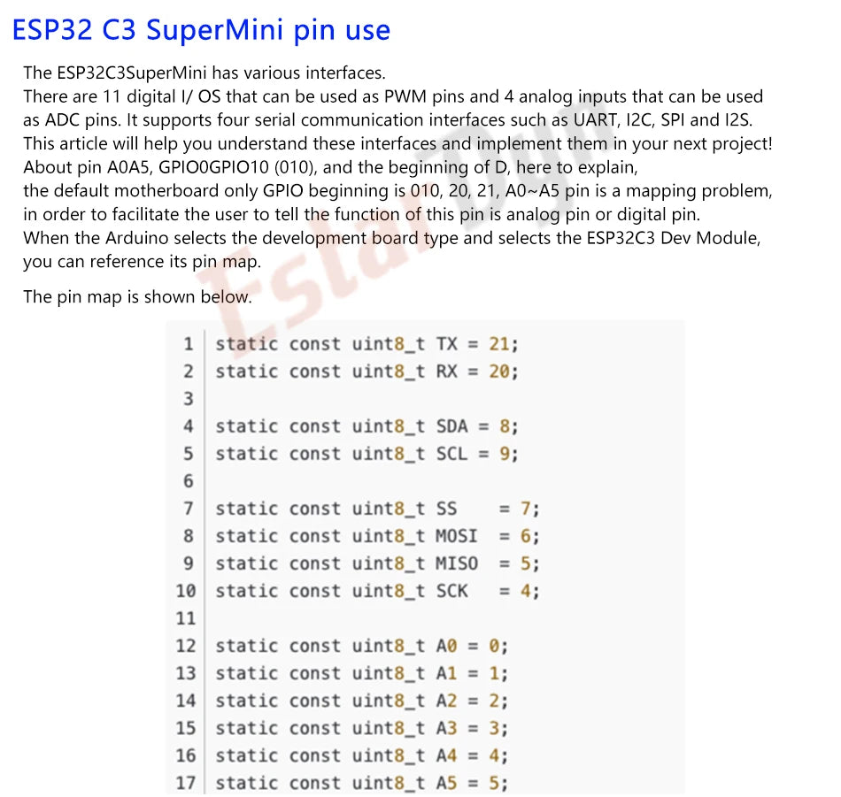 Carte de développement Estardyn ESP32-C3 MINI Carte de développement ESP32 SuperMini = Carte d'extension WiFi Bluetooth de carte de développement
