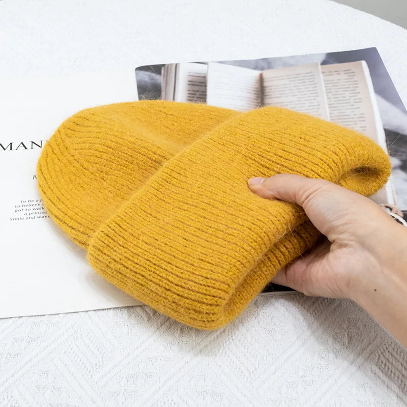 Bonnets d'hiver pour femmes en fourrure de lapin tricotés, bonnets épais à revers, bonnets amples et doux pour le ski.