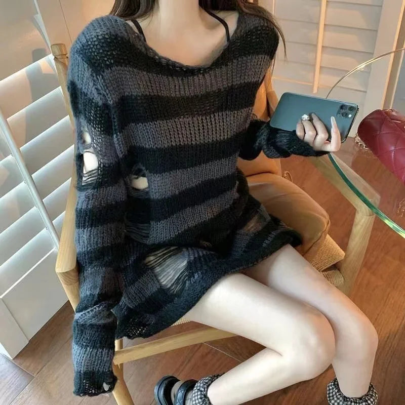 Nouveau Pull Long Unisexe Punk Gothique Été Femme Rayé Cool Creux Trou Cassé Pull Ample Rock Fin Sombre Streetwear Top