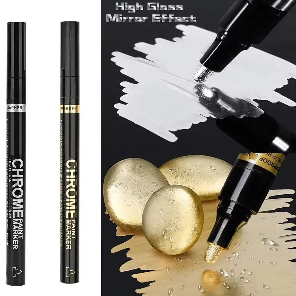 5/1pcs Chrome Pen Marker Mirror Waterproof Paint Repair For Rock Ceramic Glass Metallic Gold/Silver 2mm Nib - Shoppiline