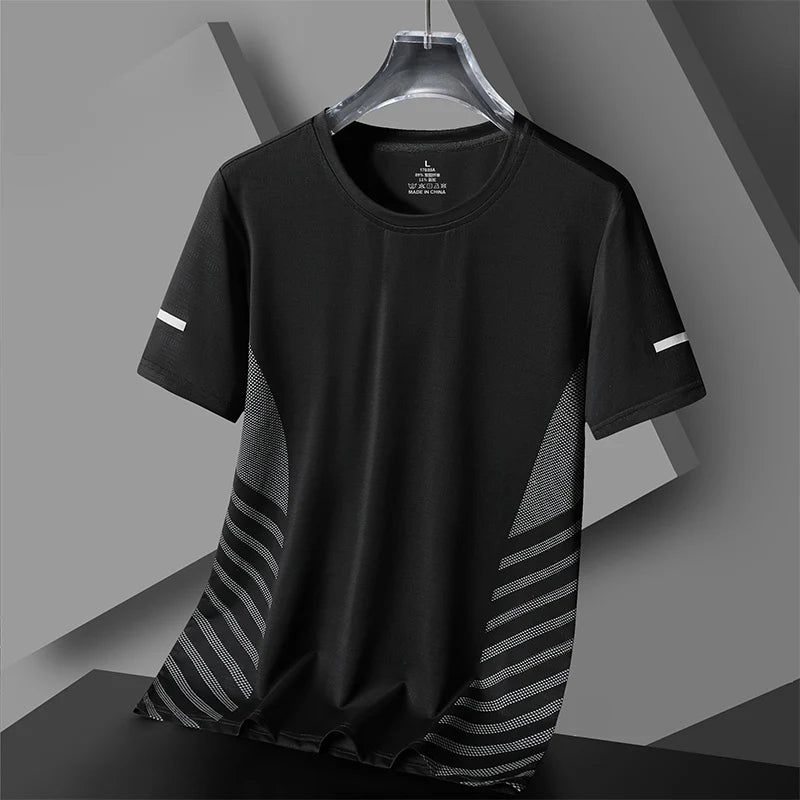 Laufendes T-Shirt Herren Sommer Eisseide Dünnes Oberteil Reflektierender Druck Schnell Trocknend Kurzarm Atmungsaktives Fitness Sport T-Shirt 5XL