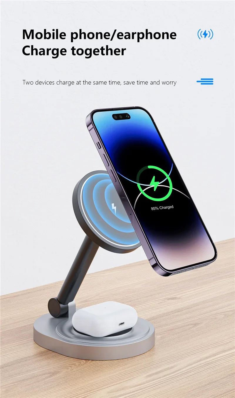 Magnetic 2 In 1 Wireless Charger Stand  Pad Fast Charging Station Dock For iPhone 15 14 13 12 Pro Max Apple Watch 8 7 6 Airpods - Shoppiline