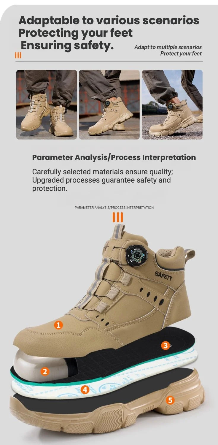 Men Steel Toe Safety Work Boots Anti-smash Puncture Proof Kevlar Midsole Waterproof Lightweight Industrial Shoes Rotary Buckle