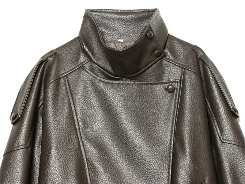 Women's Jacket 2026 Autunm  New Black Long Sleeve Pebble Faux Leather Jacket Motorcycle Style Personality Fashion